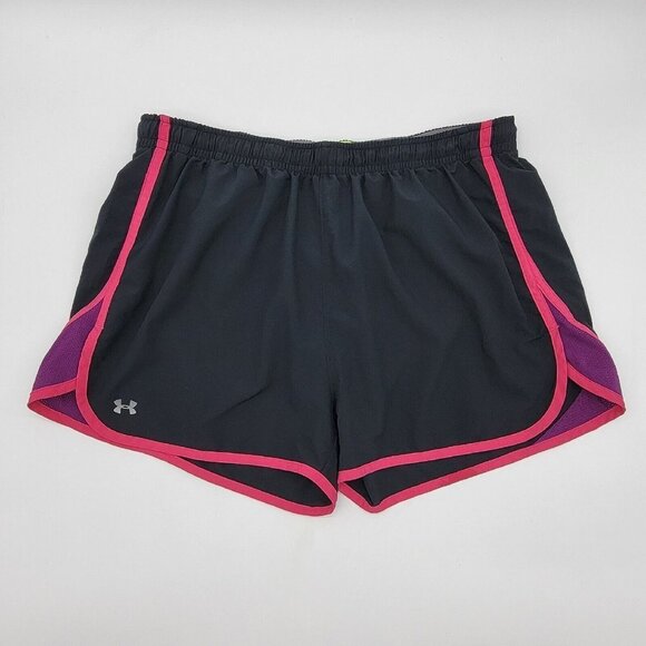 Under Armour Heat Gear Semi Fitted Running Shorts Womens XL Black Pink Purple - Picture 1 of 16